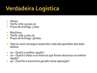    Aéreo:
   Tarifa: US$ 15,000.00
   Prazo de entrega: 3 dias
   Marítimo:
   Tarifa: US$ 3,000.00
   Prazo de Entrega: 48 dias
   Veja se você consegue responder cada das questões alocadas
    abaixo:
 1o – Qual é a melhor opção?
 2o – Qual é o fator e os motivos que foram decisivos na melhor
  opção?
 3o – Qual foi a economia gerada nesta operação?
 