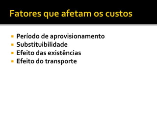    Período de aprovisionamento
   Substituibilidade
   Efeito das existências
   Efeito do transporte
 