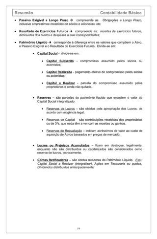 Resumão Contabilidade Básica
• Passivo Exigível a Longo Prazo  compreende as: Obrigações a Longo Prazo,
inclusive empréstimos recebidos de sócios e acionistas, etc.
• Resultado de Exercícios Futuros  compreende as: receitas de exercícios futuros,
diminuídas dos custos e despesas a elas correspondentes;
• Patrimônio Líquido  corresponde à diferença entre os valores que compõem o Ativo,
o Passivo Exigível e o Resultado de Exercícios Futuros. Divide-se em:
• Capital Social - divide-se em:
• Capital Subscrito - compromisso assumido pelos sócios ou
acionistas;
• Capital Realizado - pagamento efetivo do compromisso pelos sócios
ou acionistas;
• Capital a Realizar - parcela do compromisso assumido pelos
proprietários e ainda não quitada.
• Reservas – são parcelas do patrimônio líquido que excedem o valor do
Capital Social integralizado:
• Reservas de Lucros – são obtidas pela apropriação dos Lucros, de
acordo com exigência legal;
• Reservas de Capital – são contribuições recebidas dos proprietários
ou de 3ºs, que nada têm a ver com as receitas ou ganhos.
• Reservas de Reavaliação – indicam acréscimos de valor ao custo de
aquisição de Ativos baseados em preços de mercado;
• Lucros ou Prejuízos Acumulados – ficam em destaque, legalmente;
enquanto não são distribuídos ou capitalizados são considerados como
reserva de lucros, tecnicamente.
• Contas Retificadoras – são contas redutoras do Patrimônio Líquido. Exs.:
Capital Social a Realizar (integralizar), Ações em Tesouraria ou quotas,
Dividendos distribuídos antecipadamente;
19
 