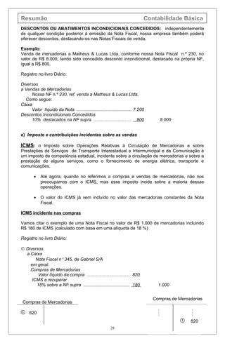 Resumão Contabilidade Básica
DESCONTOS OU ABATIMENTOS INCONDICIONAIS CONCEDIDOS: independentemente
de qualquer condição posterior à emissão da Nota Fiscal, nossa empresa também poderá
oferecer descontos, destacando-os nas Notas Fiscais de venda.
Exemplo:
Venda de mercadorias a Matheus & Lucas Ltda, conforme nossa Nota Fiscal n.º 230, no
valor de R$ 8.000, tendo sido concedido desconto incondicional, destacado na própria NF,
igual a R$ 800.
Registro no livro Diário:
Diversos
a Vendas de Mercadorias
Nossa NF n.º 230, ref. venda a Matheus & Lucas Ltda,
Como segue:
Caixa
Valor líquido da Nota ............................................. 7.200
Descontos Incondicionais Concedidos
10% destacados na NF supra ............................... 800 8.000
e) Imposto e contribuições incidentes sobre as vendas
ICMS: o Imposto sobre Operações Relativas à Circulação de Mercadorias e sobre
Prestações de Serviços de Transporte Interestadual e Intermunicipal e de Comunicação é
um imposto de competência estadual, incidente sobre a circulação de mercadorias e sobre a
prestação de alguns serviços, como o fornecimento de energia elétrica, transporte e
comunicações.
• Até agora, quando no referimos a compras e vendas de mercadorias, não nos
preocupamos com o ICMS, mas esse imposto incide sobre a maioria dessas
operações.
• O valor do ICMS já vem incluído no valor das mercadorias constantes da Nota
Fiscal.
ICMS incidente nas compras
Vamos citar o exemplo de uma Nota Fiscal no valor de R$ 1.000 de mercadorias incluindo
R$ 180 de ICMS (calculado com base em uma alíquota de 18 %)
Registro no livro Diário:
 Diversos
a Caixa
Nota Fiscal n° 345, de Gabriel S/A
em geral:
Compras de Mercadorias
Valor líquido da compra ................................... 820
ICMS a recuperar
18% sobre a NF supra ...................................... 180 1.000
28
Compras de Mercadorias
 820
Compras de Mercadorias



 820



 