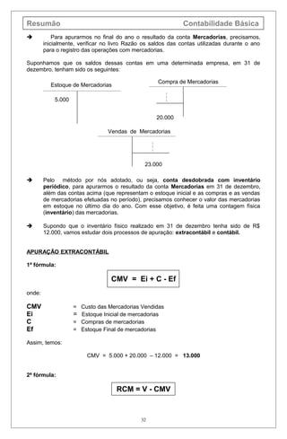 Resumão Contabilidade Básica
 Para apurarmos no final do ano o resultado da conta Mercadorias, precisamos,
inicialmente, verificar no livro Razão os saldos das contas utilizadas durante o ano
para o registro das operações com mercadorias.
Suponhamos que os saldos dessas contas em uma determinada empresa, em 31 de
dezembro, tenham sido os seguintes:
 Pelo método por nós adotado, ou seja, conta desdobrada com inventário
periódico, para apurarmos o resultado da conta Mercadorias em 31 de dezembro,
além das contas acima (que representam o estoque inicial e as compras e as vendas
de mercadorias efetuadas no período), precisamos conhecer o valor das mercadorias
em estoque no último dia do ano. Com esse objetivo, é feita uma contagem física
(inventário) das mercadorias.
 Supondo que o inventário físico realizado em 31 de dezembro tenha sido de R$
12.000, vamos estudar dois processos de apuração: extracontábil e contábil.
APURAÇÃO EXTRACONTÁBIL
1ª fórmula:
CMV = Ei + C - Ef
onde:
CMV = Custo das Mercadorias Vendidas
Ei = Estoque Inicial de mercadorias
C = Compras de mercadorias
Ef = Estoque Final de mercadorias
Assim, temos:
CMV = 5.000 + 20.000 – 12.000 = 13.000
2ª fórmula:
RCM = V - CMV
32
Estoque de Mercadorias
5.000
Compra de Mercadorias



20.000
Vendas de Mercadorias



23.000
 
