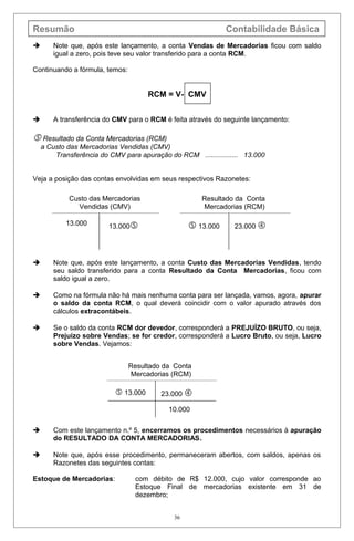 Resumão Contabilidade Básica
 Note que, após este lançamento, a conta Vendas de Mercadorias ficou com saldo
igual a zero, pois teve seu valor transferido para a conta RCM.
Continuando a fórmula, temos:
RCM = V- CMV
 A transferência do CMV para o RCM é feita através do seguinte lançamento:
 Resultado da Conta Mercadorias (RCM)
a Custo das Mercadorias Vendidas (CMV)
Transferência do CMV para apuração do RCM ................. 13.000
Veja a posição das contas envolvidas em seus respectivos Razonetes:
 Note que, após este lançamento, a conta Custo das Mercadorias Vendidas, tendo
seu saldo transferido para a conta Resultado da Conta Mercadorias, ficou com
saldo igual a zero.
 Como na fórmula não há mais nenhuma conta para ser lançada, vamos, agora, apurar
o saldo da conta RCM, o qual deverá coincidir com o valor apurado através dos
cálculos extracontábeis.
 Se o saldo da conta RCM dor devedor, corresponderá a PREJUÍZO BRUTO, ou seja,
Prejuízo sobre Vendas; se for credor, corresponderá a Lucro Bruto, ou seja, Lucro
sobre Vendas. Vejamos:
 Com este lançamento n.º 5, encerramos os procedimentos necessários à apuração
do RESULTADO DA CONTA MERCADORIAS.
 Note que, após esse procedimento, permaneceram abertos, com saldos, apenas os
Razonetes das seguintes contas:
Estoque de Mercadorias: com débito de R$ 12.000, cujo valor corresponde ao
Estoque Final de mercadorias existente em 31 de
dezembro;
36
Custo das Mercadorias
Vendidas (CMV)
13.000 13.000
Resultado da Conta
Mercadorias (RCM)
 13.000 23.000 
Resultado da Conta
Mercadorias (RCM)
 13.000 23.000 
10.000
 