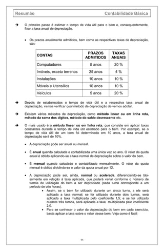 Resumão Contabilidade Básica
 O primeiro passo é estimar o tempo de vida útil para o bem e, consequentemente,
fixar a taxa anual de depreciação.
• Os prazos anualmente admitidos, bem como as respectivas taxas de depreciação,
são:
CONTAS
PRAZOS
ADMITIDOS
TAXAS
ANUAIS
Computadores 5 anos 20 %
Imóveis, exceto terrenos 25 anos 4 %
Instalações 10 anos 10 %
Móveis e Utensílios 10 anos 10 %
Veículos 5 anos 20 %
 Depois de estabelecidos o tempo de vida útil e a respectiva taxa anual de
depreciação, vamos verificar qual método de depreciação de vemos adotar.
 Existem vários métodos de depreciação, como método linear ou em linha reta,
método da soma dos dígitos, método do saldo decrescente etc.
 O mais usado é o método linear ou em linha reta, que consiste em aplicar taxas
constantes durante o tempo de vida útil estimado para o bem. Por exemplo, se o
tempo de vida útil de um bem foi determinado em 10 anos, a taxa anual de
depreciação será de 10%.
• A depreciação pode ser anual ou mensal.
• É anual quando calculada e contabilizada uma única vez ao ano. O valor da quota
anual é obtido aplicando-se a taxa normal de depreciação sobre o valor do bem.
• É mensal quando calculado e contabilizado mensalmente. O valor da quota
mensal é obtido dividindo-se o valor da quota anual por 12.
• A depreciação pode ser, ainda, normal ou acelerada, diferenciando-se tão-
somente em relação à taxa aplicada, que poderá variar conforme o número de
turnos de utilização do bem a ser depreciado (cada turno corresponde a um
período de oito horas).
• Assim, se o bem for utilizado durante um único turno, a ele será
aplicada a taxa normal; se for utilizado durante dois turnos, será
aplicada a taxa multiplicada pelo coeficiente 1,5; e se for utilizado
durante três turnos, será aplicada a taxa multiplicada pelo coeficiente
2,0.
• Para se conhecer o valor da depreciação do bem em cada exercício,
basta aplicar a taxa sobre o valor desse bem. Veja como é fácil:
55
 