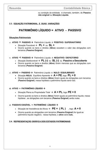 Resumão Contabilidade Básica
ou condição da entidade; é chamado, também, de Passivo
não exigível ou Situação Líquida.
2.3. EQUAÇÃO PATRIMONIAL E SUAS VARIAÇÕES
PATRIMÔNIO LÍQUIDO = ATIVO - PASSIVO
Situações Patrimoniais
a) ATIVO > PASSIVO  Patrimônio Líquido é POSITIVO / SUPERAVITÁRIO
• Situação Favorável  PL + ou SL +
• Ocorre quando os bens e direitos (Ativo) excedem o valor das obrigações com
terceiros (Passivo Exigível)
b) ATIVO < PASSIVO  Patrimônio Líquido é NEGATIVO / DEFICITÁRIO
• Situação Desfavorável  PL (-) ou SL (-) ou Passivo a Descoberto
• Ocorre quando os bens e direitos (Ativo) forem menores que as obrigações com
terceiros (Passivo Exigível)
c) ATIVO = PASSIVO  Patrimônio Líquido é NULO / EQUILIBRADO
• Situação NULA, Equilíbrio Aparente  A = PE, logo PL = 0
• Ocorre quando os bens e direitos (Ativo) forem iguais às obrigações com terceiros
(Passivo Exigível); nessa hipótese o patrimônio líquido será nulo.
d) ATIVO = PATRIMÔNIO LÍQUIDO 
• Situação Plena ou Propriedade Total  A = PL, logo PE = 0
• Ocorre quando os bens e direitos (Ativo) forem iguais ao patrimônio líquido; nessa
hipótese , as obrigações com terceiros (Passivo Exigível) serão nulas.
e) PASSIVO EXIGÍVEL = PATRIMÔNIO LÍQUIDO 
• Situação de Inexistência de Ativos  PE = ( PL ) , logo A = 0
• Ocorre quando as obrigações com terceiros (Passivo Exigível) for igual ao
patrimônio líquido negativo; nessa hipótese, o ativo será nulo.
2.4. REPRESENTAÇÃO GRÁFICA DOS ESTADOS PATRIMONIAIS
6
 