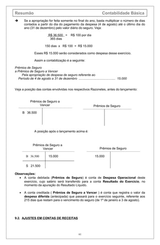 Resumão Contabilidade Básica
 Se a apropriação for feita somente no final do ano, basta multiplicar o número de dias
contados a partir do dia do pagamento da despesa (4 de agosto) até o último dia do
ano (31 de dezembro) pelo valor diário do seguro. Veja:
R$ 36.500 = R$ 100 por dia
365 dias
150 dias x R$ 100 = R$ 15.000
Esses R$ 15.000 serão considerados como despesa desse exercício.
Assim a contabilização é a seguinte:
Prêmios de Seguro
a Prêmios de Seguro a Vencer
Pela apropriação de despesa de seguro referente ao
Período de 4 de agosto a 31 de dezembro .......................................... 15.000
Veja a posição das contas envolvidas nos respectivos Razonetes, antes do lançamento:
A posição após o lançamento acima é:
Observações:
• A conta debitada (Prêmios de Seguro) é conta de Despesa Operacional deste
exercício, cujo salário será transferido para a conta Resultado do Exercício, no
momento da apuração do Resultado Líquido.
• A conta creditada ( Prêmios de Seguro a Vencer ) é conta que registra o valor da
despesa diferida (antecipada) que passará para o exercício seguinte, referente aos
215 dias que restam para o vencimento do seguro (de 1º de janeiro a 3 de agosto).
9.2. AJUSTES EM CONTAS DE RECEITAS
61
Prêmios de Seguro a
Vencer
B 36.500
Prêmios de Seguro a
Vencer
B 36.500
S 21.500
15.000
Prêmios de Seguro
Prêmios de Seguro
15.000
 