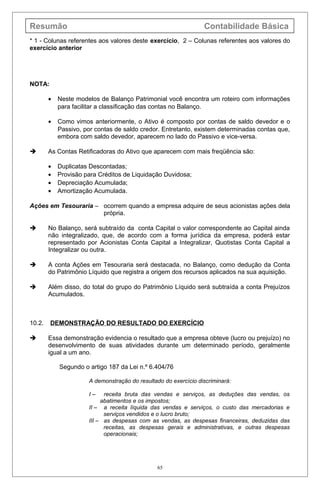 Resumão Contabilidade Básica
* 1 - Colunas referentes aos valores deste exercício, 2 – Colunas referentes aos valores do
exercício anterior
NOTA:
• Neste modelos de Balanço Patrimonial você encontra um roteiro com informações
para facilitar a classificação das contas no Balanço.
• Como vimos anteriormente, o Ativo é composto por contas de saldo devedor e o
Passivo, por contas de saldo credor. Entretanto, existem determinadas contas que,
embora com saldo devedor, aparecem no lado do Passivo e vice-versa.
 As Contas Retificadoras do Ativo que aparecem com mais freqüência são:
• Duplicatas Descontadas;
• Provisão para Créditos de Liquidação Duvidosa;
• Depreciação Acumulada;
• Amortização Acumulada.
Ações em Tesouraria – ocorrem quando a empresa adquire de seus acionistas ações dela
própria.
 No Balanço, será subtraído da conta Capital o valor correspondente ao Capital ainda
não integralizado, que, de acordo com a forma jurídica da empresa, poderá estar
representado por Acionistas Conta Capital a Integralizar, Quotistas Conta Capital a
Integralizar ou outra.
 A conta Ações em Tesouraria será destacada, no Balanço, como dedução da Conta
do Patrimônio Líquido que registra a origem dos recursos aplicados na sua aquisição.
 Além disso, do total do grupo do Patrimônio Líquido será subtraída a conta Prejuízos
Acumulados.
10.2. DEMONSTRAÇÃO DO RESULTADO DO EXERCÍCIO
 Essa demonstração evidencia o resultado que a empresa obteve (lucro ou prejuízo) no
desenvolvimento de suas atividades durante um determinado período, geralmente
igual a um ano.
Segundo o artigo 187 da Lei n.º 6.404/76
A demonstração do resultado do exercício discriminará:
I – receita bruta das vendas e serviços, as deduções das vendas, os
abatimentos e os impostos;
II – a receita líquida das vendas e serviços, o custo das mercadorias e
serviços vendidos e o lucro bruto;
III – as despesas com as vendas, as despesas financeiras, deduzidas das
receitas, as despesas gerais e administrativas, e outras despesas
operacionais;
65
 
