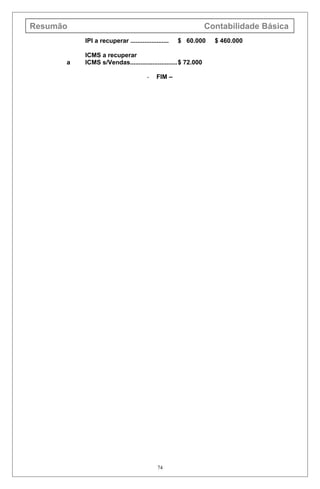 Resumão Contabilidade Básica
IPI a recuperar ...................... $ 60.000 $ 460.000
ICMS a recuperar
a ICMS s/Vendas...........................$ 72.000
- FIM –
74
 