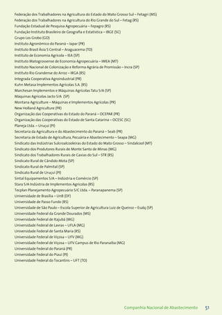 51Companhia Nacional de Abastecimento
	 Federação dos Trabalhadores na Agricultura do Estado do Mato Grosso Sul – Fetagri (MS)	
	 Federação dos Trabalhadores na Agricultura do Rio Grande do Sul – Fetag (RS)
	 Fundação Estadual de Pesquisa Agropecuária – Fepagro (RS)
	 Fundação Instituto Brasileiro de Geografia e Estatística – IBGE (SC)
	 Grupo Los Grobo (GO)
	 Instituto Agronômico do Paraná – Iapar (PR)
	 Instituto Brasil Ásia S Central – Araguacema (TO)
	 Instituto de Economia Agrícola – IEA (SP)
	 Instituto Matogrossense de Economia Agropecuária – IMEA (MT)
	 Instituto Nacional de Colonização e Reforma Agrária de Promissão – Incra (SP)	
	 Instituto Rio Grandense do Arroz – IRGA (RS)
	 Integrada Cooperativa Agroindustrial (PR)
	 Kuhn Metasa Implementos Agrícolas S.A. (RS)	
	 Marchesan Implementos e Máquinas Agrícolas Tatu S/A (SP)
	 Máquinas Agrícolas Jacto S/A (SP)
	 Montana Agriculture – Máquinas e Implementos Agrícolas (PR)
	 New Holland Agriculture (PR)
	 Organização das Cooperativas do Estado do Paraná – OCEPAR (PR)
	 Organização das Cooperativas do Estado de Santa Catarina – OCESC (SC)
	 Planeja Ltda. – Uruçuí (PI)
	 Secretaria da Agricultura e do Abastecimento do Paraná – Seab (PR)
	 Secretaria de Estado de Agricultura, Pecuária e Abastecimento – Seapa (MG)
	 Sindicato das Indústrias Sulcroalcooleiras do Estado do Mato Grosso – Sindalcool (MT)
	 Sindicato dos Produtores Rurais de Monte Santo de Minas (MG)
	 Sindicato dos Trabalhadores Rurais de Caxias do Sul – STR (RS)
	 Sindicato Rural de Cândido Mota (SP)
	 Sindicato Rural de Palmital (SP)
	 Sindicato Rural de Uruçuí (PI)
	 Sintal Equipamentos S/A – Indústria e Comércio (SP)
	 Stara S/A Indústria de Implementos Agrícolas (RS)
	 Tecplan Planejamento Agropecuário S/C Ltda. – Paranapanema (SP)
	 Universidade de Brasília – UnB (DF)	
	 Universidade de Passo Fundo (RS)
	 Universidade de São Paulo – Escola Superior de Agricultura Luiz de Queiroz – Esalq (SP)
	 Universidade Federal da Grande Dourados (MS)
	 Universidade Federal de Itajubá (MG)
	 Universidade Federal de Lavras – UFLA (MG)
	 Universidade Federal de Santa Maria (RS)
	 Universidade Federal de Viçosa – UFV (MG)
	 Universidade Federal de Viçosa – UFV Campus de Rio Paranaíba (MG)
	 Universidade Federal do Paraná (PR)
	 Universidade Federal do Piauí (PI)
	 Universidade Federal do Tocantins – UFT (TO)
 