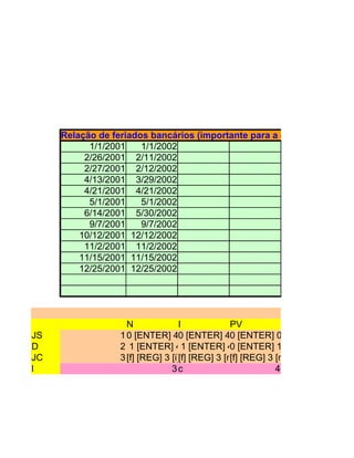 Relação de feriados bancários (importante para a contagem de dias
           1/1/2001    1/1/2002
          2/26/2001 2/11/2002
          2/27/2001 2/12/2002
          4/13/2001 3/29/2002
          4/21/2001 4/21/2002
           5/1/2001    5/1/2002
          6/14/2001 5/30/2002
           9/7/2001    9/7/2002
         10/12/2001 12/12/2002
          11/2/2001 11/2/2002
         11/15/2001 11/15/2002
         12/25/2001 12/25/2002




                   N              I             PV
JS               1 0 [ENTER] 400 [/] 1 [-] 3400 [/] 1 [-] 30.03 [ENTER]3 [x] 1
                                  0 [ENTER] [/] [ENTER] 0,000,000 0,000,0
                                                0 Visor => [/] Visor =>
D                2 1 [ENTER] 400 [ENTER]0 [ENTER] 1 [/] Visor3 [/] 0,000,
                                   1 [ENTER] 400 [ENTER] [ENTER] 0.03 [EN
                                                 0 [/] [-] 0.03 0 [/] [-] => Visor
JC               3 [f] [REG] 3 [i][f] [REG] 30[n] 400 [PV] 0 [PMT]0[g] [BEG] [i.[
                                    400 [PV] [PMT] [g] [BEG] [n] Visor =>[g]
                                                [f] [REG] 3 [n] 3 [i] [PMT] 0
l                              3c                             4
 