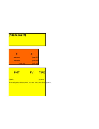 (Não Mexa !!!)




                           5                         6
                         Não tem                       (436.00)
                         Não tem                       (439.56)
                                (137.29)               (437.09)




                         PMT                        FV             TIPO

               0 [PMT]                                             [g] [BEG]

P aproxima o cálculo de n para o inteiro superior. Seu valor com quatro casas é igual a 0
 