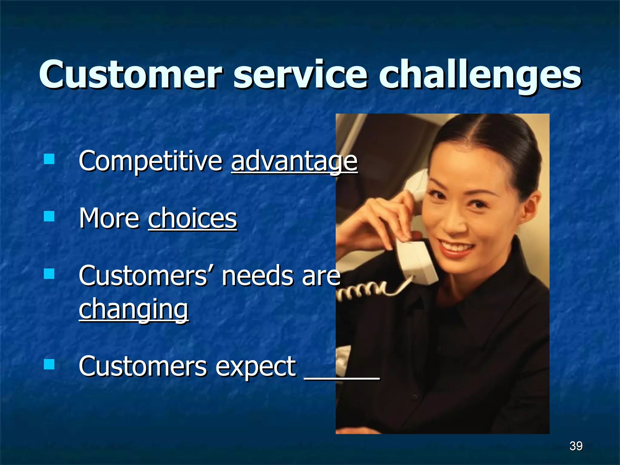 Customer service challenges Competitive  advantage More  choices   Customers’ needs are  changing Customers expect _____ 