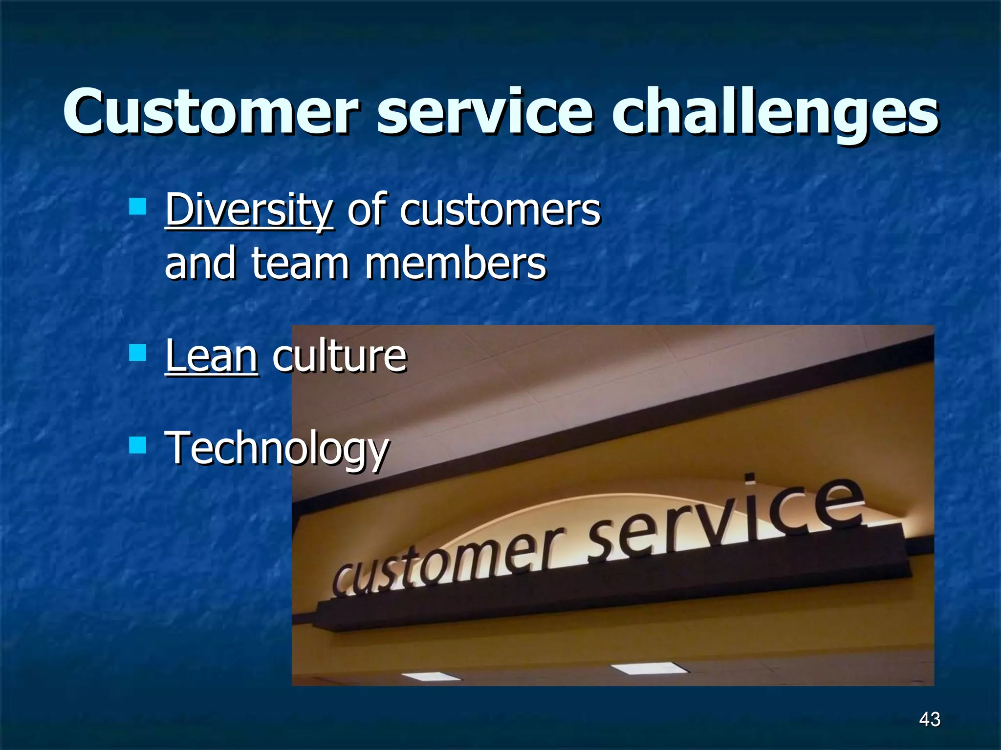 Customer service challenges Diversity  of customers and team members Lean  culture Technology 