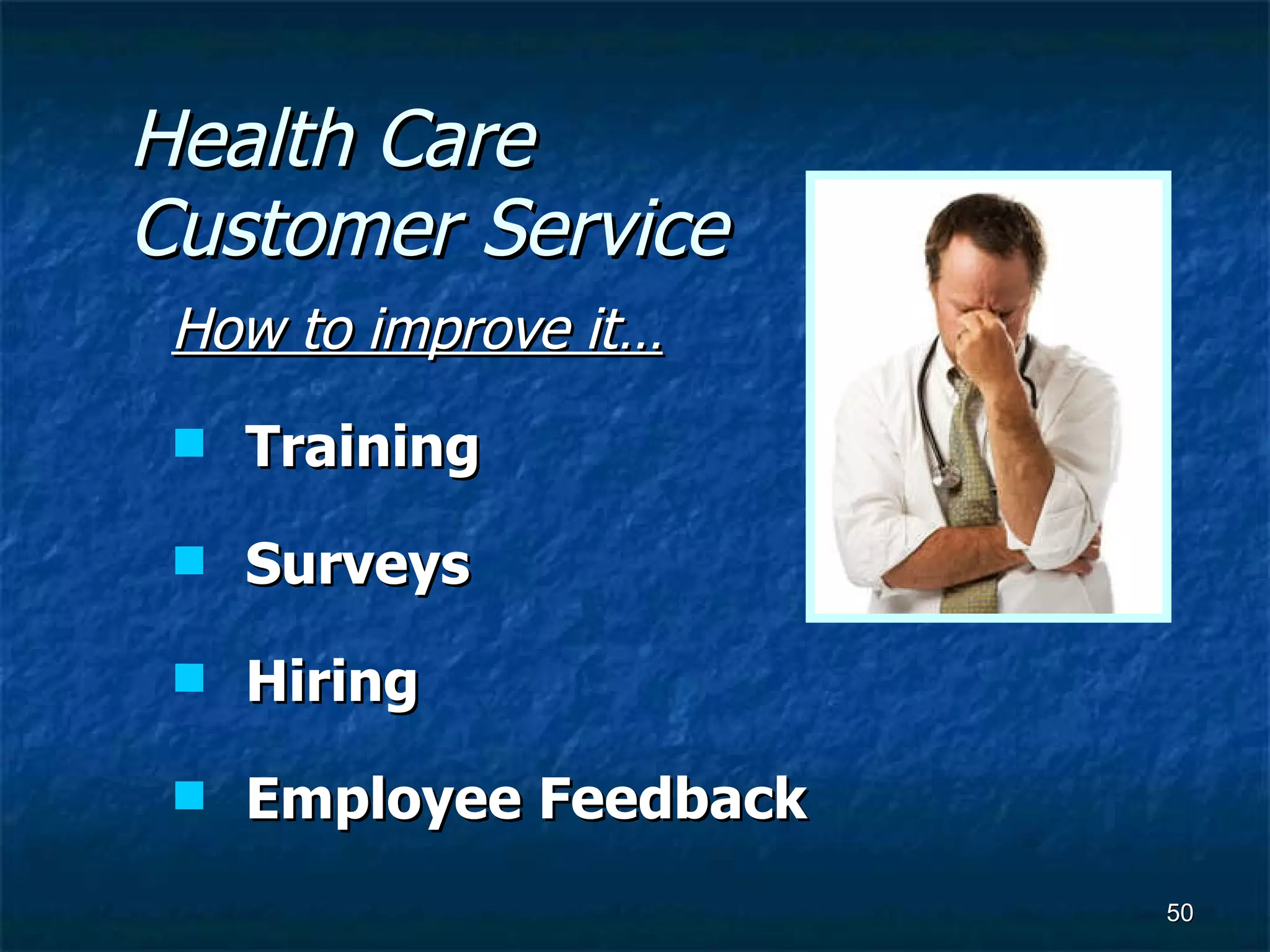 Health Care Customer Service How to improve it… Training Surveys Hiring Employee Feedback 