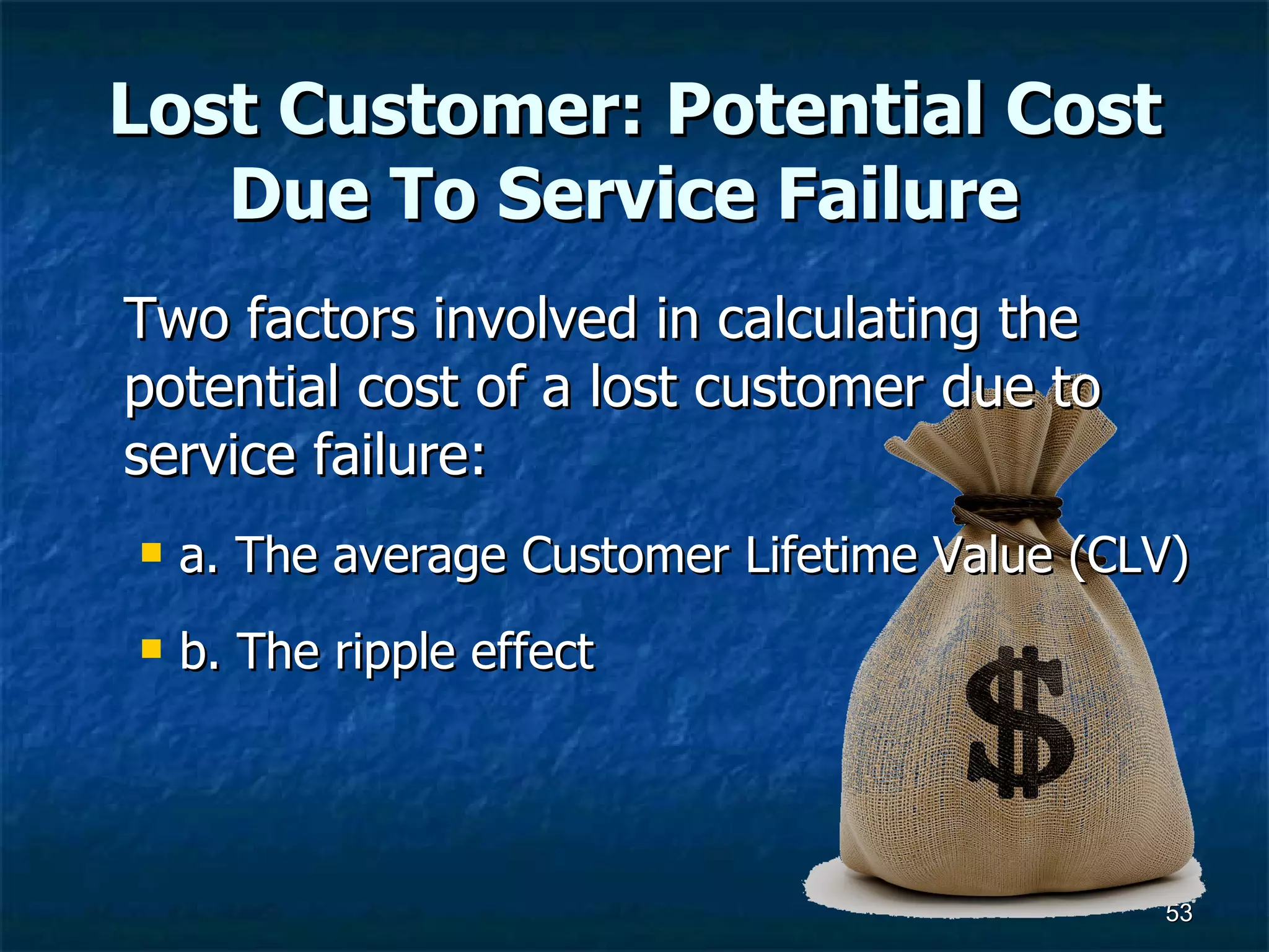 Lost Customer: Potential Cost Due To Service Failure   Two factors involved in calculating the potential cost of a lost customer due to service failure:  a. The average Customer Lifetime Value (CLV)  b. The ripple effect  