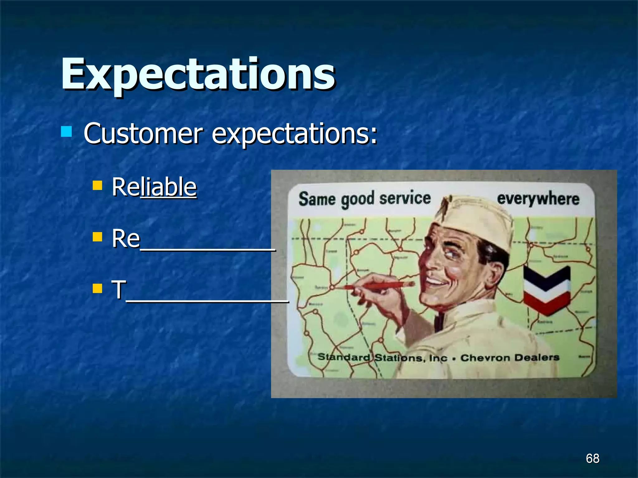 Expectations Customer expectations: Re liable Re__________ T____________  