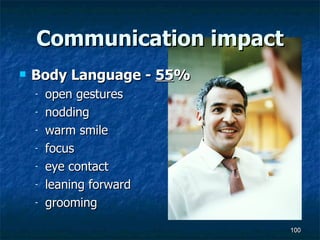 Communication impact Body Language -  55 % open gestures  nodding warm smile  focus  eye contact  leaning forward  grooming 
