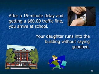 After a 15-minute delay and getting a $60.00 traffic fine, you arrive at school. Your daughter runs into the building without saying goodbye. 