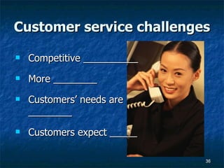 Customer service challenges Competitive __________ More ________  Customers’ needs are ________ Customers expect _____ 