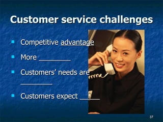 Customer service challenges Competitive  advantage More ________  Customers’ needs are ________ Customers expect _____ 