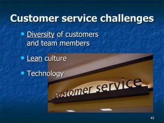 Customer service challenges Diversity  of customers and team members Lean  culture Technology 