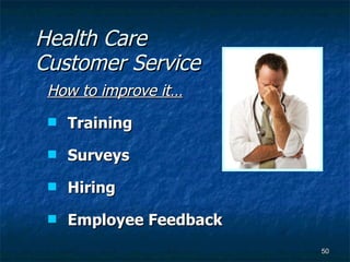 Health Care Customer Service How to improve it… Training Surveys Hiring Employee Feedback 