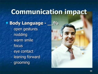 Communication impact Body Language - __% open gestures  nodding warm smile  focus  eye contact  leaning forward  grooming 