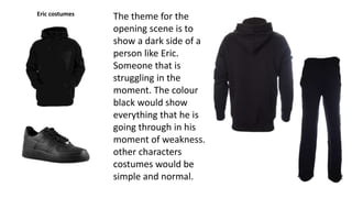 Eric costumes
The theme for the
opening scene is to
show a dark side of a
person like Eric.
Someone that is
struggling in the
moment. The colour
black would show
everything that he is
going through in his
moment of weakness.
other characters
costumes would be
simple and normal.
 