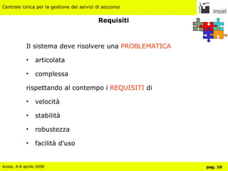 Requisiti Il sistema deve risolvere una  PROBLEMATICA articolata complessa rispettando al contempo i  REQUISITI  di velocità stabilità robustezza facilità d’uso 