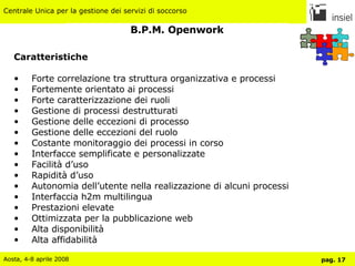 Caratteristiche Forte correlazione tra struttura organizzativa e processi Fortemente orientato ai processi Forte caratterizzazione dei ruoli Gestione di processi destrutturati Gestione delle eccezioni di processo Gestione delle eccezioni del ruolo Costante monitoraggio dei processi in corso Interfacce semplificate e personalizzate Facilità d’uso Rapidità d’uso Autonomia dell’utente nella realizzazione di alcuni processi Interfaccia h2m multilingua Prestazioni elevate Ottimizzata per la pubblicazione web Alta disponibilità Alta affidabilità B.P.M. Openwork 