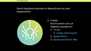 Self-hosted services
2. Crawler 
Hierfür bieten sich z.B.  
folgende Lösungen an: 
1. Scrapy
1. scrapy-elasticsearch
2. Apache Nutch
3. Elasticsearch River Web
Search Appliances bestehen im Wesentlichen aus zwei
Komponenten: 
 