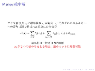 Markov 確率場
グラフ各頂点 vi に確率変数 xi が対応し、それぞれのエネルギー
への寄与は辺で結ばれた頂点にのみ依存
E(x) =
i∈V
θi(xi) +
(i,j)∈E
θij(xi, xj) + θconst
最小化は一般には NP 困難
xi が 2 つの値のみをとる場合、最小カットに帰着可能
 