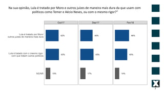 7
Na sua opinião, Lula é tratado por Moro e outros juízes de maneira mais dura da que usam com
políticos como Temer e Aécio Neves, ou com o mesmo rigor?”
 