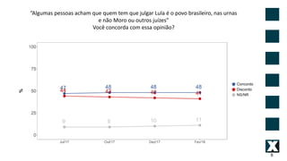 8
“Algumas pessoas acham que quem tem que julgar Lula é o povo brasileiro, nas urnas
e não Moro ou outros juízes”
Você concorda com essa opinião?
 
