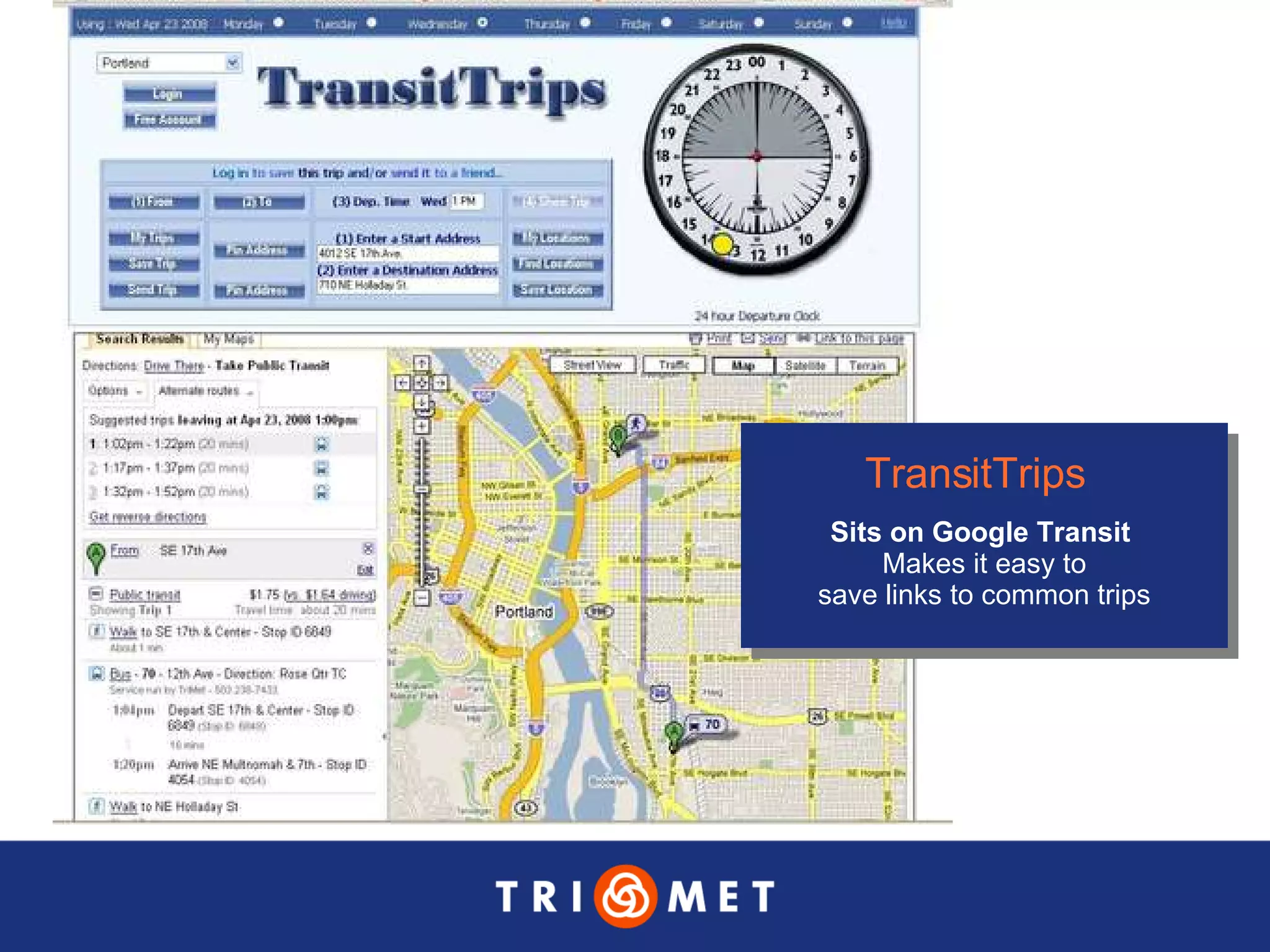 TransitTrips   Sits on Google Transit   Makes it easy to save links to common trips 