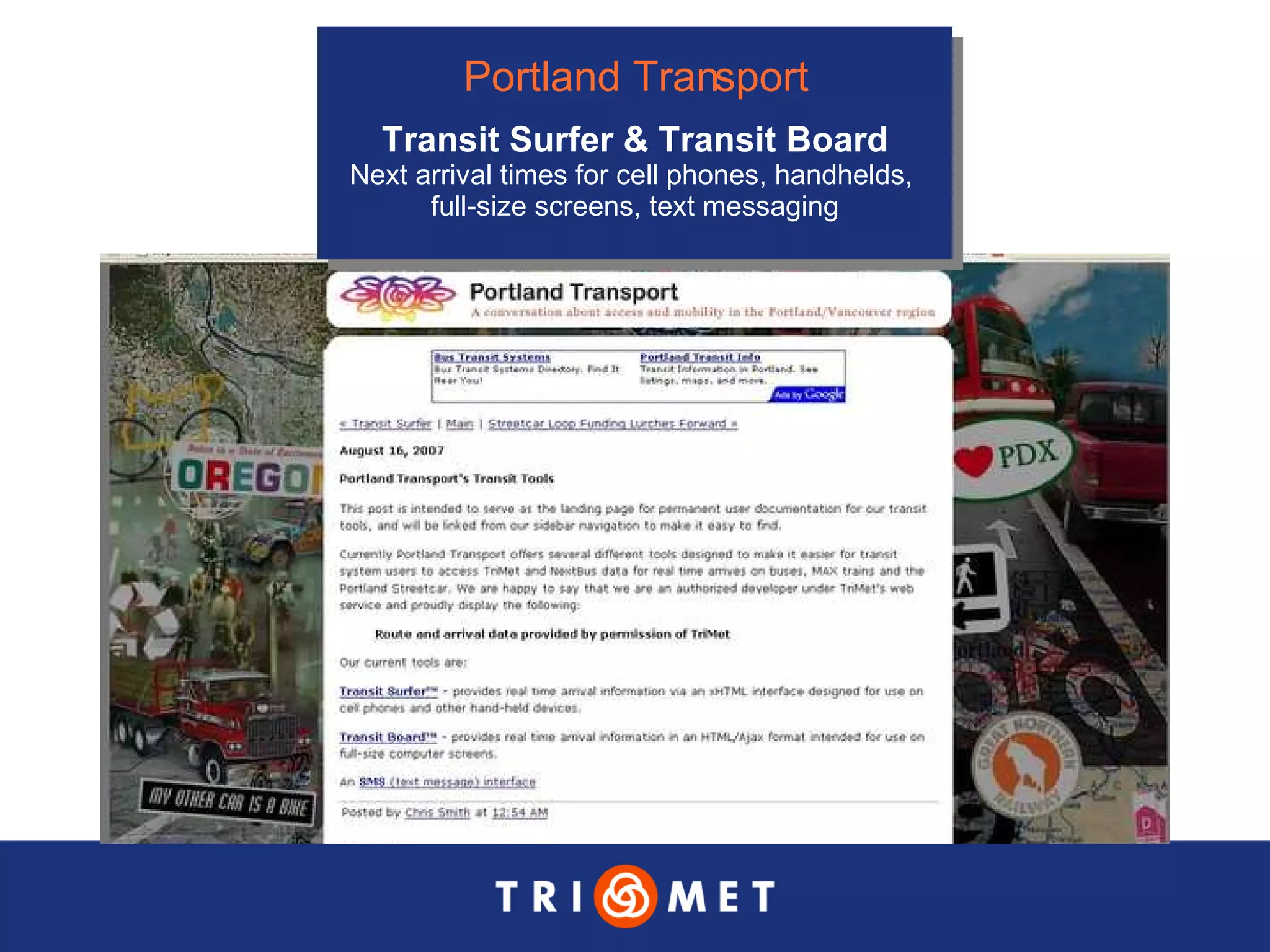 Portland Transport Transit Surfer & Transit Board Next arrival times for cell phones, handhelds,  full-size screens, text messaging 