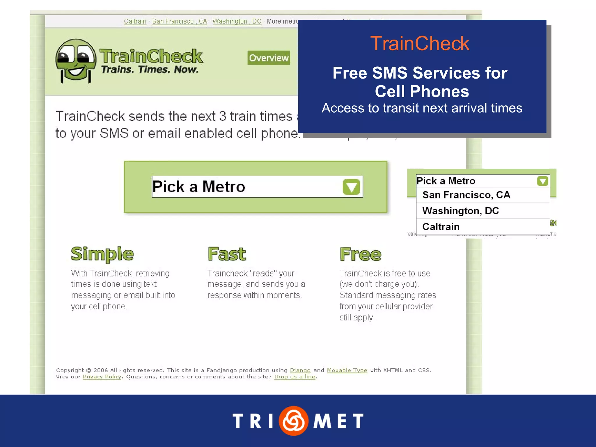 TrainCheck   Free SMS Services for  Cell Phones Access to transit next arrival times 