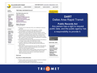 DART Dallas Area Rapid Transit Public Records Act   Any person has a right to request public data, and the public agency has a responsibility to provide it.   