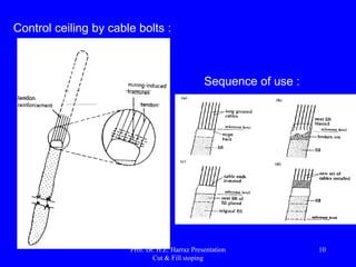 a) drill-blast of a horizontal slice of ore, typically with
three or four feet thick, removed the roof of the
stope;
b) loading and transport of ore, mechanically removed
from the stope for orepass, and then to a lower
horizon of transportation;
c) removal of loose fragments ("cuttlefish") by the
detonation and placement support / reinforcement
ceiling;
d) filling the floor of the stope (backfilling) with a layer
of composite material varied and equal in thickness
ore disassembled ceiling.
The activity cycle of the C & F method involves the
following steps:
Prof. Dr. H.Z. Harraz Presentation
Cut & Fill stoping
10
 