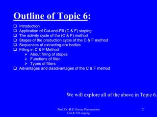 Outline of Topic 6:
 Introduction
 Application of Cut-and-Fill (C & F) stoping
 The activity cycle of the (C & F) method
 Stages of the production cycle of the C & F method
 Sequences of extracting ore bodies
 Filling in C & F Method
 About filling of stopes
 Functions of filler
 Types of fillers
 Advantages and disadvantages of the C & F method
Prof. Dr. H.Z. Harraz Presentation
Cut & Fill stoping
2
We will explore all of the above in Topic 6.
 