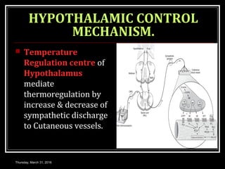 HYPOTHALAMIC CONTROL
MECHANISM.
 Temperature
Regulation centre of
Hypothalamus
mediate
thermoregulation by
increase & decrease of
sympathetic discharge
to Cutaneous vessels.
Thursday, March 31, 2016
 