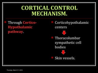 CORTICAL CONTROL
MECHANISM.
 Through Cortico-
Hypothalamic
pathway.
 Corticohypothalamic
centers
 Thoracolumbar
sympathetic cell
bodies
 Skin vessels.
Thursday, March 31, 2016
 