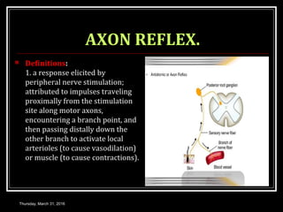 AXON REFLEX.
 Definitions:
1. a response elicited by
peripheral nerve stimulation;
attributed to impulses traveling
proximally from the stimulation
site along motor axons,
encountering a branch point, and
then passing distally down the
other branch to activate local
arterioles (to cause vasodilation)
or muscle (to cause contractions).
Thursday, March 31, 2016
 