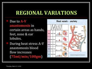 REGIONAL VARIATIONS
 Due to A-V
anastomosis in
certain areas as hands,
feet, nose & ear
lobules.
 During heat stress A-V
anastomosis blood
flow increases
(75ml/min/100gm)
Thursday, March 31, 2016
 