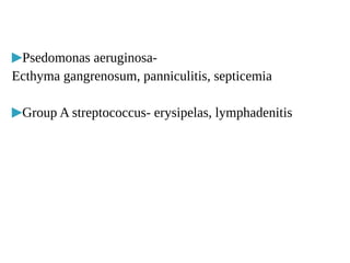 ▶Psedomonas aeruginosa-
Ecthyma gangrenosum, panniculitis, septicemia
▶Group A streptococcus- erysipelas, lymphadenitis
 
