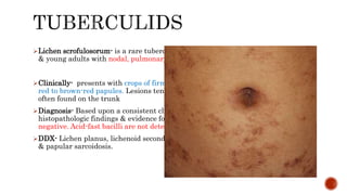 Lichen scrofulosorum- is a rare tuberculid that most frequently occurs in children
& young adults with nodal, pulmonary, skeletal, or intracranial TB
Clinically- presents with crops of firm 1 to 5 mm, asymptomatic, grouped, yellow-
red to brown-red papules. Lesions tend to be follicular or perifollicular, & are most
often found on the trunk
Diagnosis- Based upon a consistent clinical picture in the context of concordant
histopathologic findings & evidence for TB infection. Mycobacterial cultures are
negative. Acid-fast bacilli are not detected ; TST is often strongly +ve.
DDX- Lichen planus, lichenoid secondary syphilis, papular eczema, lichen nitidus,
& papular sarcoidosis.
 