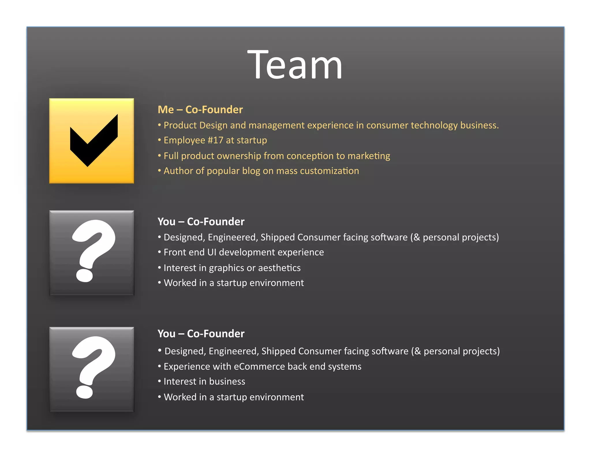 Team 


     Me – Co‐Founder 
     • Product Design and management experience in consumer technology business. 
       
     • Employee #17 at startup 
       
     • Full product ownership from concepFon to markeFng 
       
     • Author of popular blog on mass customizaFon 
       




? 
     You – Co‐Founder 
     • Designed, Engineered, Shipped Consumer facing soPware (& personal projects) 
       
     • Front end UI development experience 
       
     • Interest in graphics or aestheFcs 
       
     • Worked in a startup environment 
       




? 
     You – Co‐Founder 
       
     • Designed, Engineered, Shipped Consumer facing soPware (& personal projects) 
     • Experience with eCommerce back end systems 
       
     • Interest in business 
       
     • Worked in a startup environment 
       
 