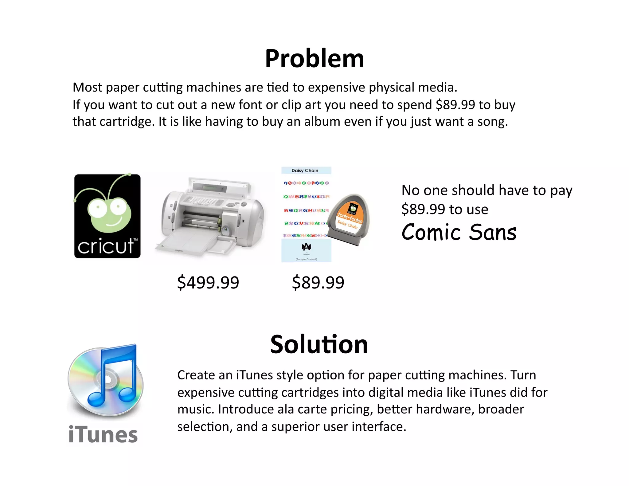 Problem 
Most paper cuEng machines are Fed to expensive physical media.  
If you want to cut out a new font or clip art you need to spend $89.99 to buy 
that cartridge. It is like having to buy an album even if you just want a song. 



                                                          No one should have to pay 
                                                          $89.99 to use  
                                                          Comic Sans

                  $499.99              $89.99 


                                   Solu?on 
                  Create an iTunes style opFon for paper cuEng machines. Turn 
                  expensive cuEng cartridges into digital media like iTunes did for 
                  music. Introduce ala carte pricing, beOer hardware, broader 
                  selecFon, and a superior user interface.  
 