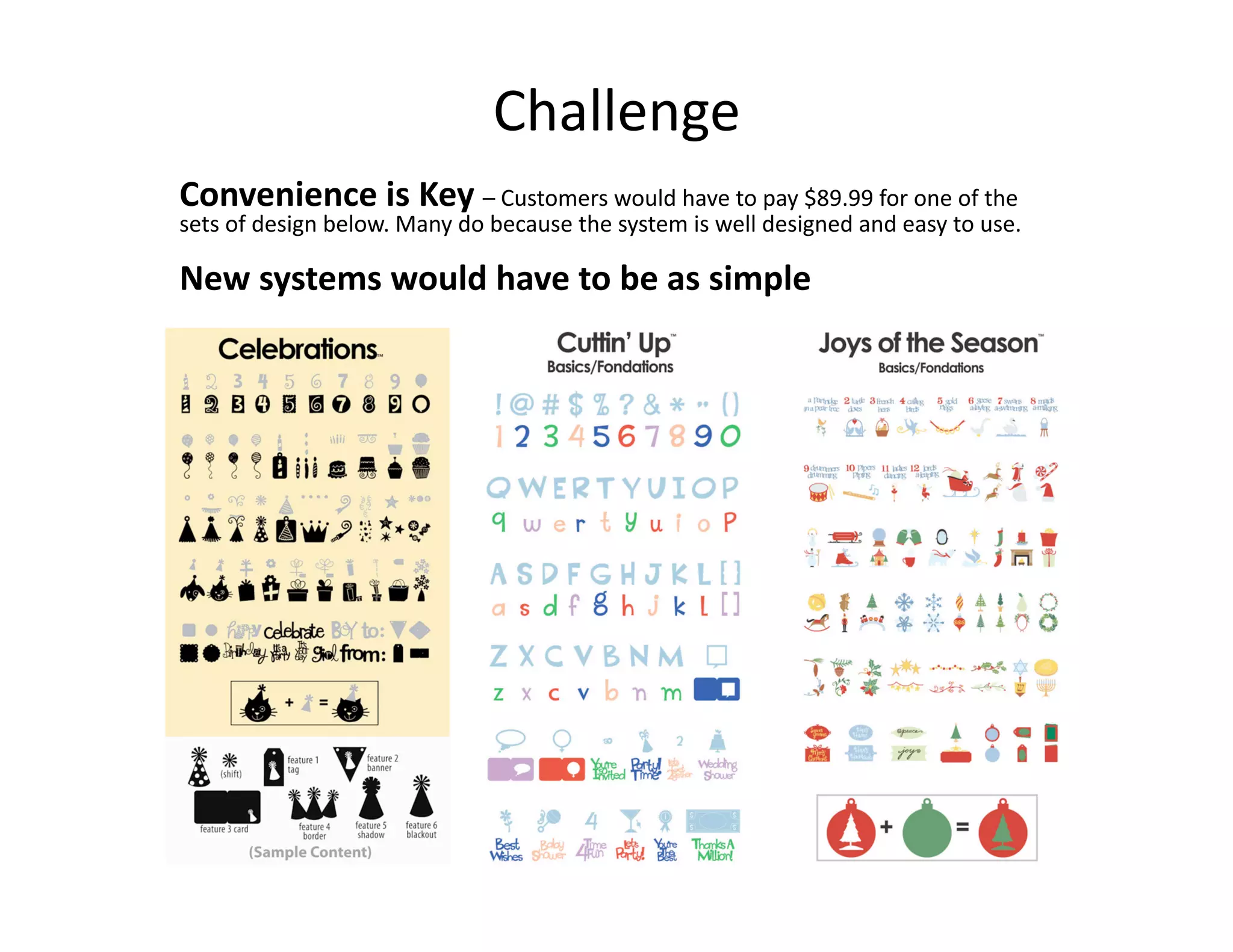 Challenge 
Convenience is Key – Customers would have to pay $89.99 for one of the 
sets of design below. Many do because the system is well designed and easy to use. 

New systems would have to be as simple 
 