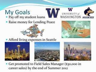 My Goals
 Pay off my student loans
 Raise money for Lending Peace




 Afford living expenses in Seattle




 Get promoted to Field Sales Manager ($30,000 in
 career sales) by the end of Summer 2012
 