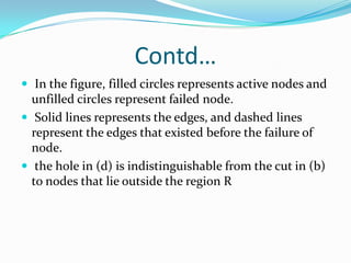 Contd…
 In the figure, filled circles represents active nodes and
  unfilled circles represent failed node.
 Solid lines represents the edges, and dashed lines
  represent the edges that existed before the failure of
  node.
 the hole in (d) is indistinguishable from the cut in (b)
  to nodes that lie outside the region R
 